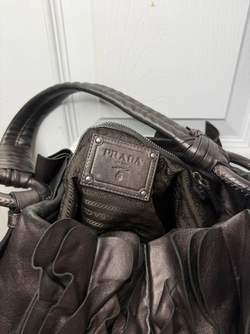 Prada Brown Nappa Mordore Ruffle Hobo Bag Purse.